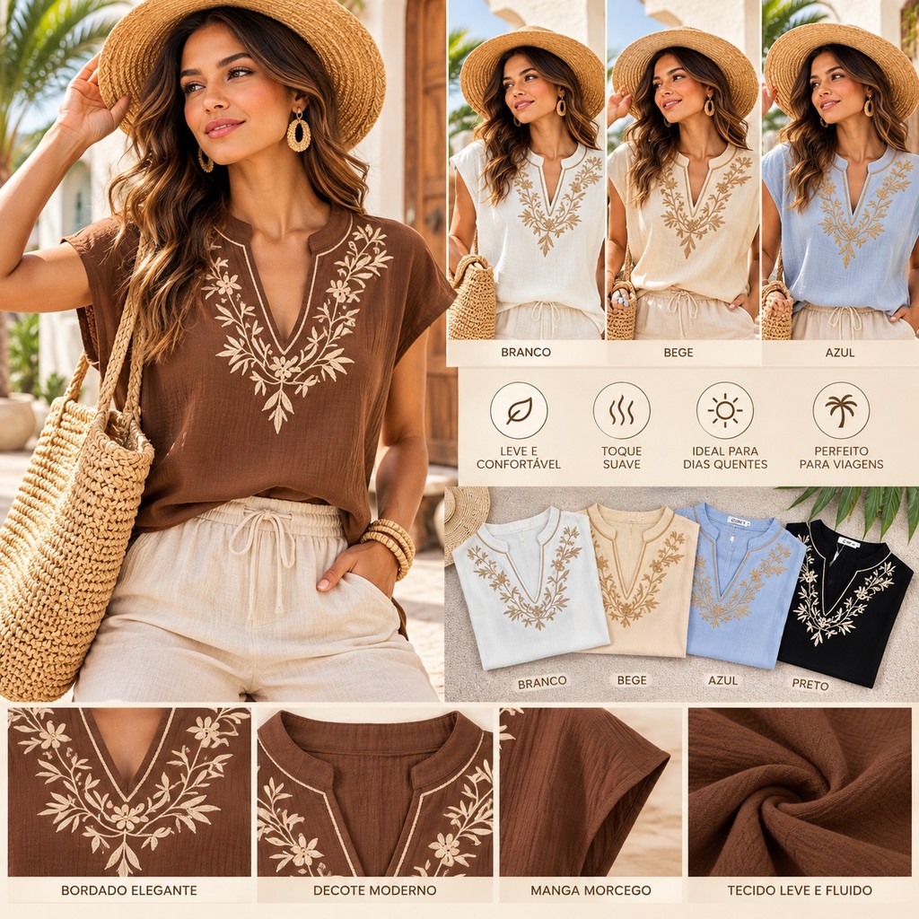 Blusa Feminina Linho Algodão Bordada Boho Decote V Manga Curta Soltinha Casual Praia Verão