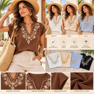 Blusa Feminina Linho Algodão Bordada Boho Decote V Manga Curta Soltinha Casual Praia Verão