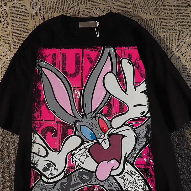Camiseta Feminina 2026 Padrão Crazy Bunny Modelagem Larga Oversized Confortável Linda Estilosa Moderna Streetwear
