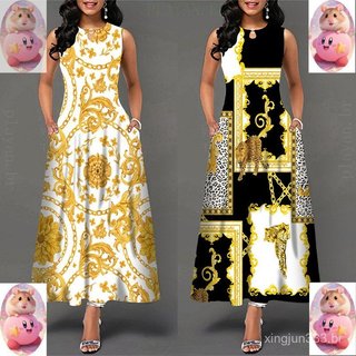 Vestido longo sem mangas retrô boêmio estampado vestido de baile QNKH GCK4 THIA