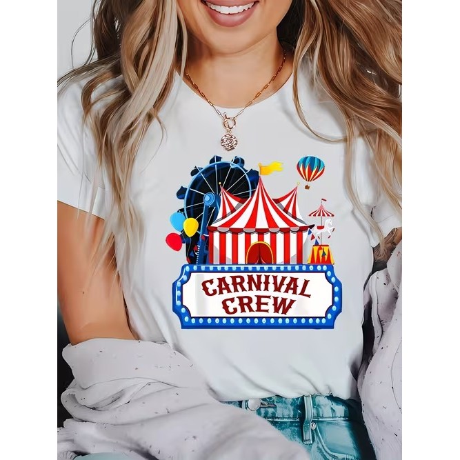 Camiseta Feminina Manga Curta Estampada Carnival Crew Circo Confortável Linda Estilosa Divertida Moda Casual Tendência