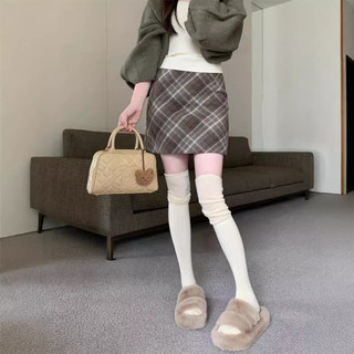 P xadrez saia de lã feminina outono inverno Retro saia xadrez cintura alta mais magro olhar a linha saia de lã Hip-Pack