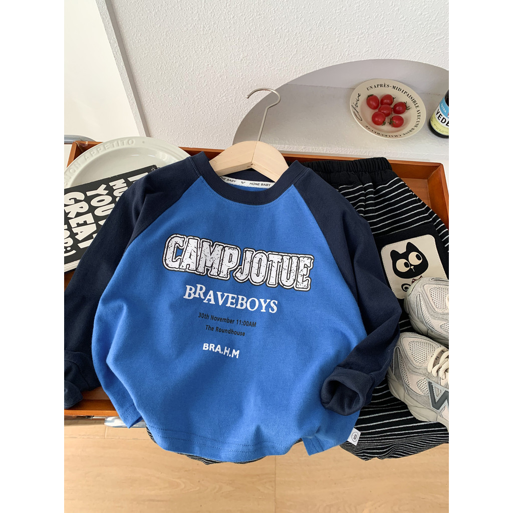 Meninos primavera algodão manga comprida camiseta 2026 novo estilo crianças contraste cor manga Raglan em torno do pesco