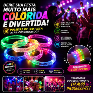 KIT 40 Pulseira Bracelete de Led Neon Luzes Pisca Acrílico Coloridos
