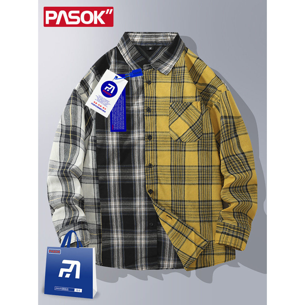 Camisa de manga comprida masculina 2026 primavera outono tendência contraste cor costura topo americano juventude solta 