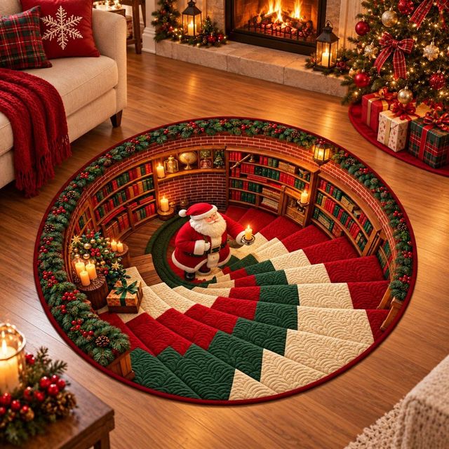 Tapete Redondo Decorativo Natal 88cm Antiderrapante para Sala e Quarto 2273