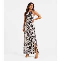 Vestido Longo Estampado Sem Manga Infinita Cor Bege