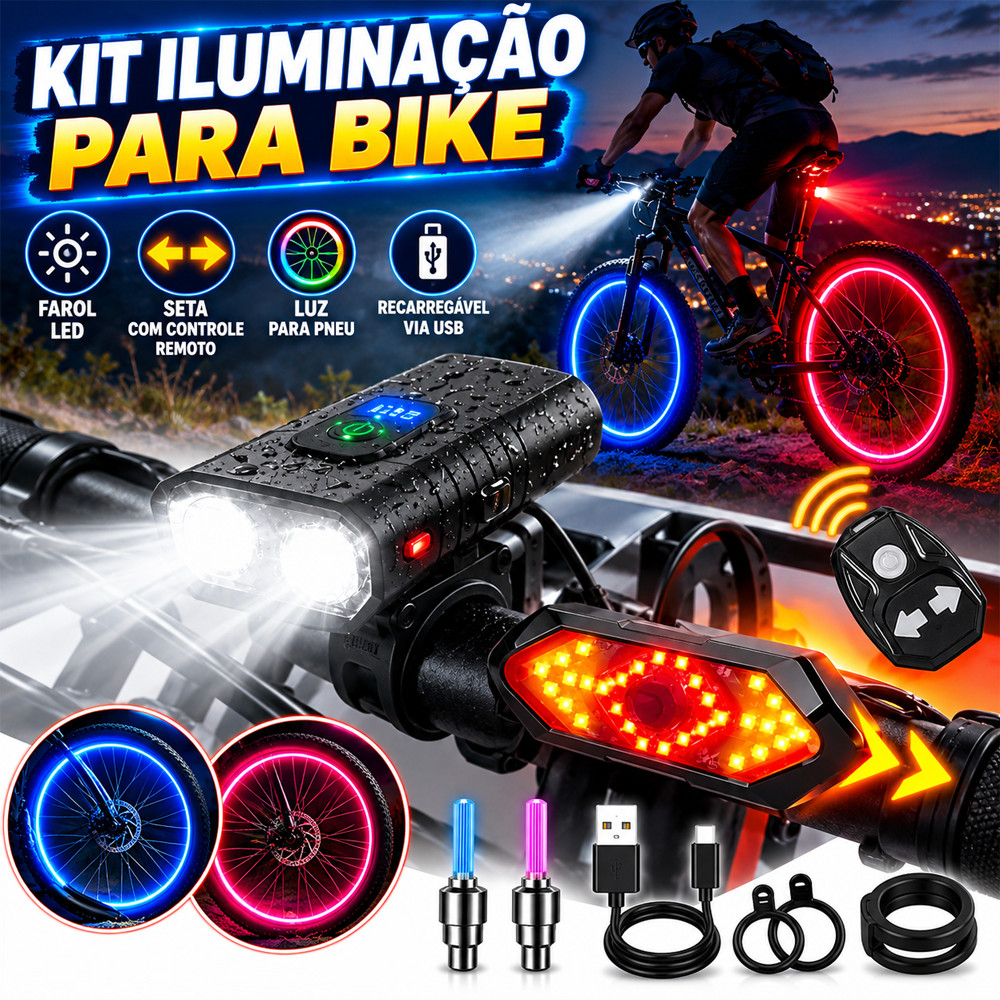 Kit Farol Bike LED Recarregável com Lanterna Traseira Seta Controle Remoto e Luz para Pneu Ciclismo Noturno