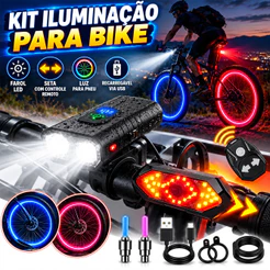 Kit Farol Bike LED Recarregável com Lanterna Traseira Seta Controle Remoto e Luz para Pneu Ciclismo Noturno