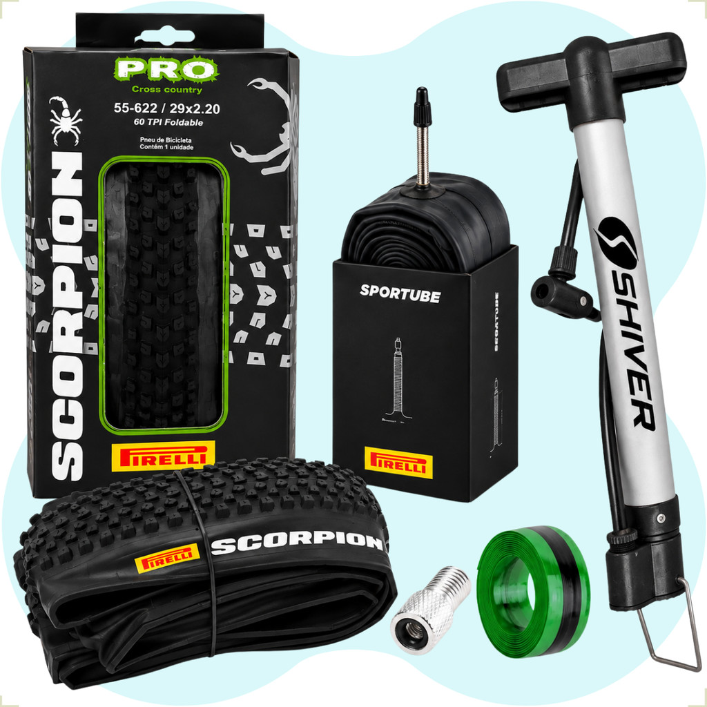Pneu Pirelli Scorpion aro 29 x 2.20 Camara 29 sportube Adaptador Valvula Fita anti furo Bomba manual