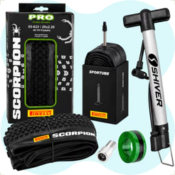 Pneu Pirelli Scorpion aro 29 x 2.20 Camara 29 sportube Adaptador Valvula Fita anti furo Bomba manual