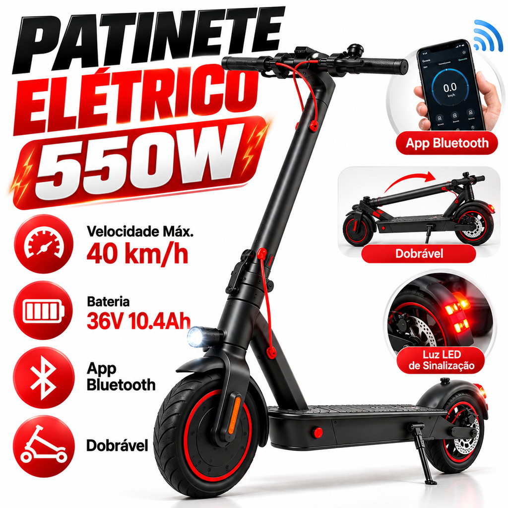 Patinete Elétrico 550W Scooter Dobrável Adulto 40km/h com Bluetooth App Luz LED