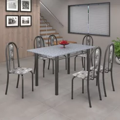Conjunto de Mesa 140x75cm Tampo de Granito com 6 Cadeiras Iris a Cinza/Paraopeba/Martelado Prata