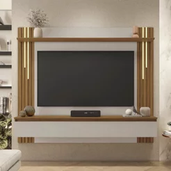 Painel Ripado para TV até 65 Polegadas com LED 180CMX160,8cm Cascata Nt 1345 . Marrom Off White/Freijó