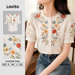 Lovito Blusa Boho Retrô Anos 90 Com Babados Exagerados E Botões Feminina Para Primavera/verão BLK9P1D055
