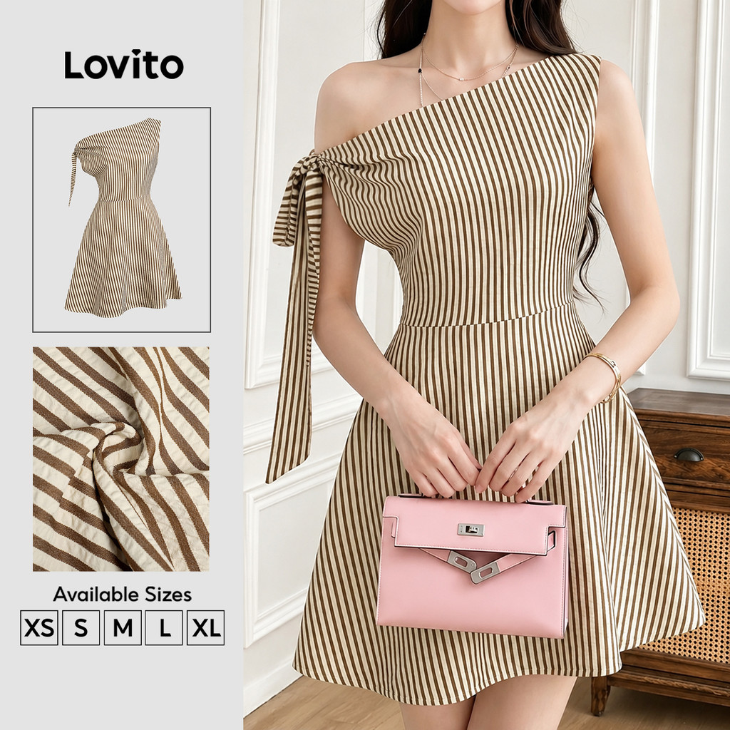 (New Arrival) Lovito Vestido Casual Feminino Listrado Plissado Assimétrico Curto Em Linha A Para Primavera Verão De Fim De Semana DRB201P1D495