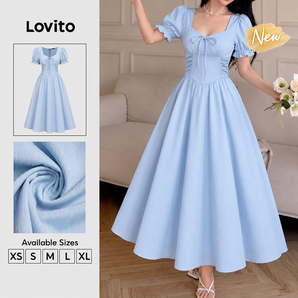 (New Arrival) Lovito Vestido Feminino Azul Elegante Liso Com Laço Frontal De Amarrar Zíper Tecido Plissado E Decoração Pregueada Longo De Corte Evasê Para Primavera E Verão Para Trabalho DRB207P1D248