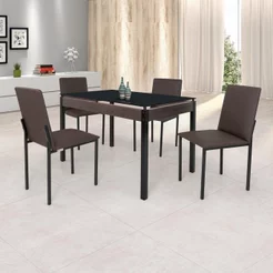 Conjunto Sala de Jantar Mesa Dubai 120x75cm Tampo Vidro com 4 Cadeiras Marrom/Preto/Linho