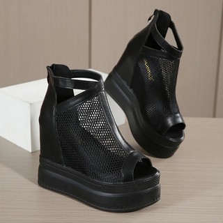 Novidade de Verão: Sandálias Anabela de Salto Alto 15cm com Bico de Peixe para Mulheres - Sapatos Pretos de Malha Imperm