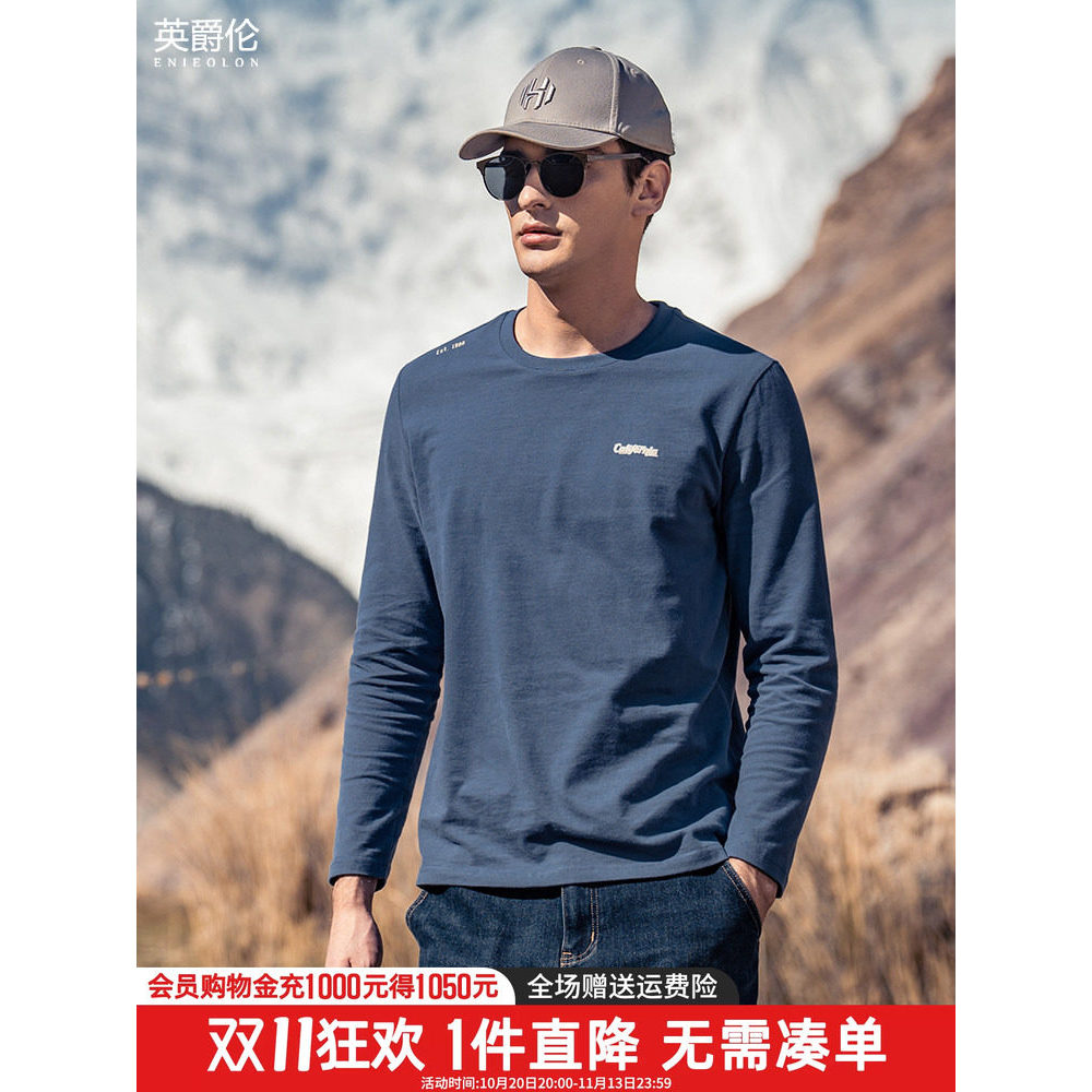 Britânico 230G pesado algodão de fibra longa masculino camiseta de manga comprida carta impressa camisa de fundo Casual 