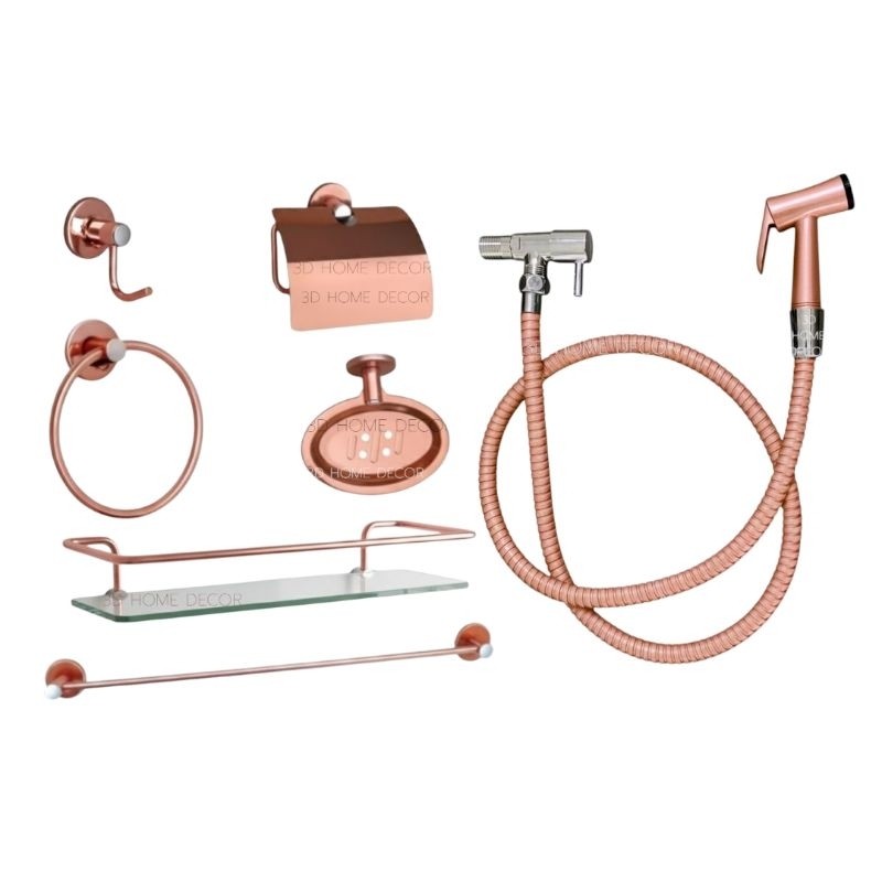 Kit De Banheiro Rose Gold Metal Ducha Higiênica Metal Rose Gold Saboneteira
