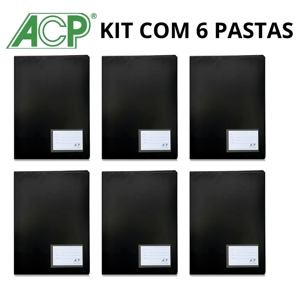 KIT 6 PASTAS CATÁLOGO 10, 30, 50 E 100 ENVELOPES PLÁSTICOS PRETA ACP