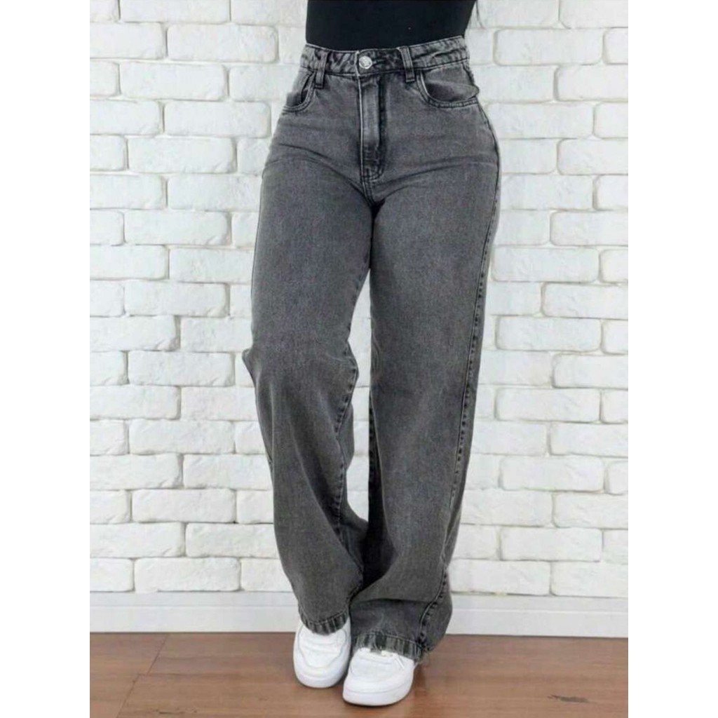 calça wid leg feminina Jeans Cintura Alta Cós Alto Lycra Grossa Rasgada Cinza Grafit Marmorizada