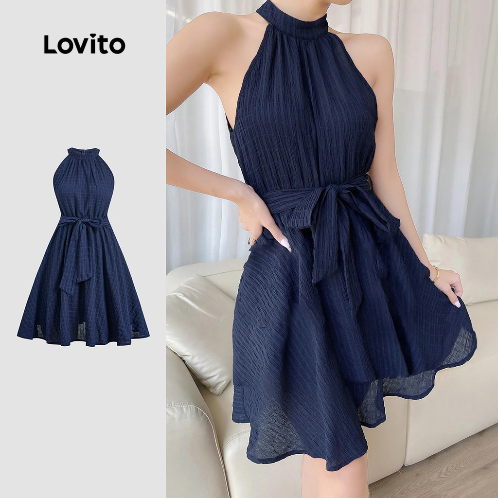 Lovito Vestido Boho com Renda Fechamento com Botões Primavera/verão Azul marinho L155AD373 em Oferta na Shopee