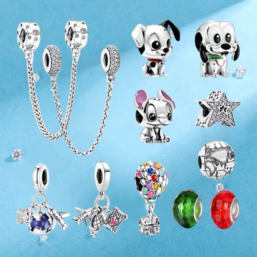 Kit  4 Berloques Pulseira com pingente banhado a prata S925, pingente simples de terra com filhote de cachorro