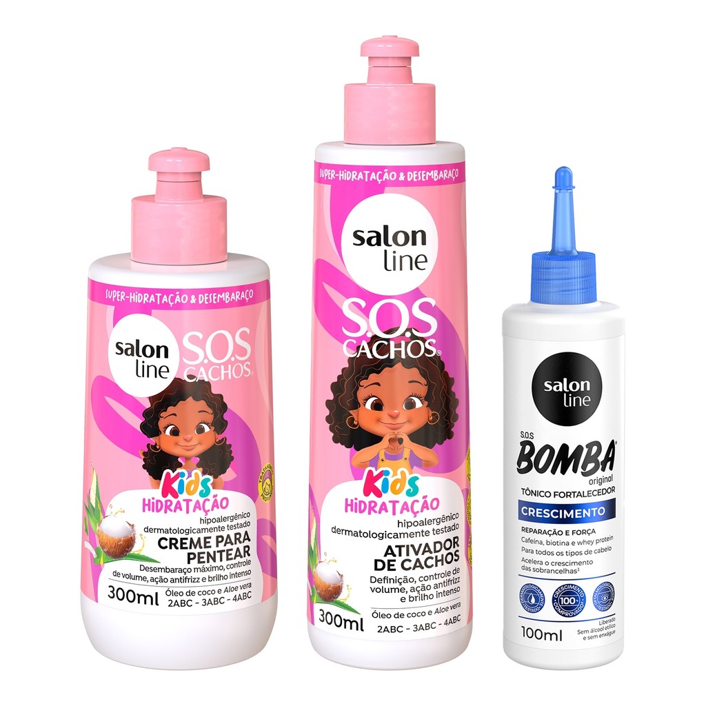 Kit com Ativador e Creme Para Pentear SOS Cachos Kids + Tônico Fortalecedor Salon Line em Oferta na Shopee