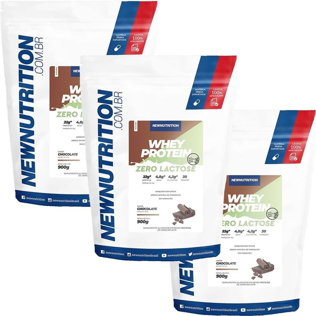 Kit 3X Whey Protein Zero Lactose All Natural - 900g Refil Chocolate - NewNutrition