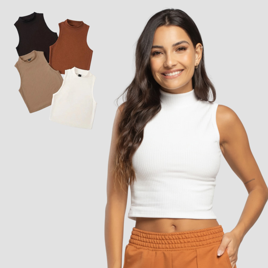 Kit 3 Cropped Blusa Gola Feminina Ribana Elegante Sem Manga Básico Canelado Blogueira