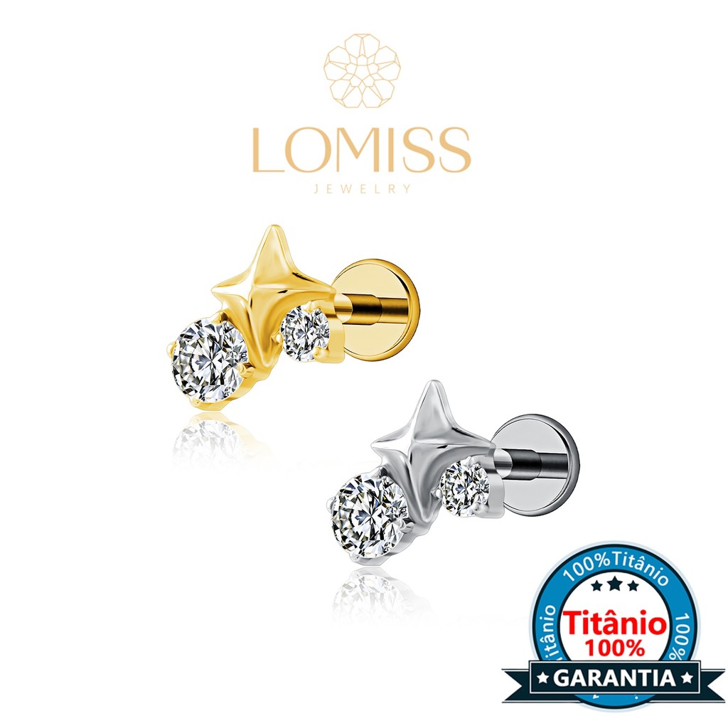 Piercing Labret Orelha Titânio Estrela Cruz Com 2 Zircônias Cravejado Para Tragus Helix Conch Cartilagem LOMISS Piercing