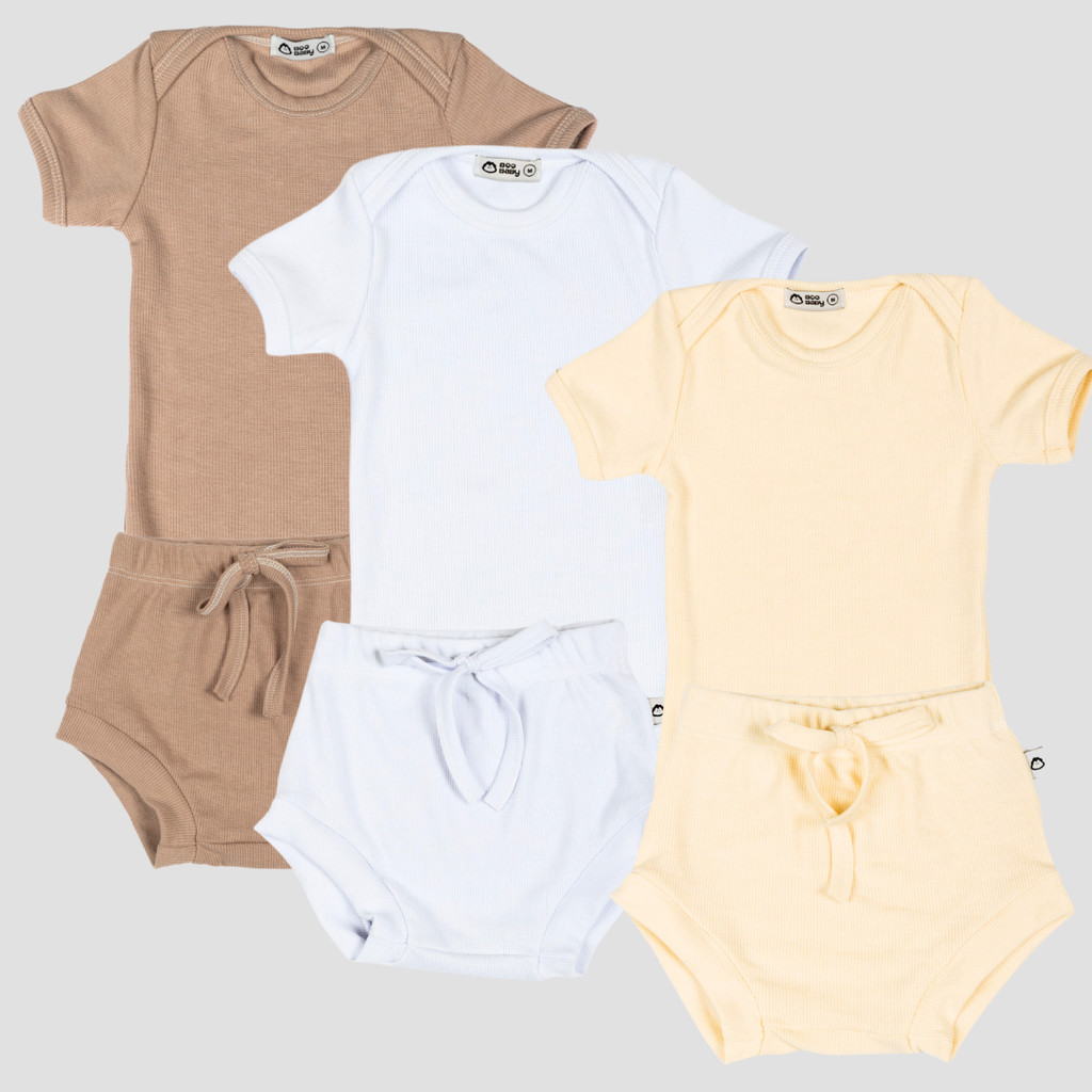 Kit 3 Conjuntos Body Bebe Manga Curta e Short Tapa Fralda Canelado Premium 05k3