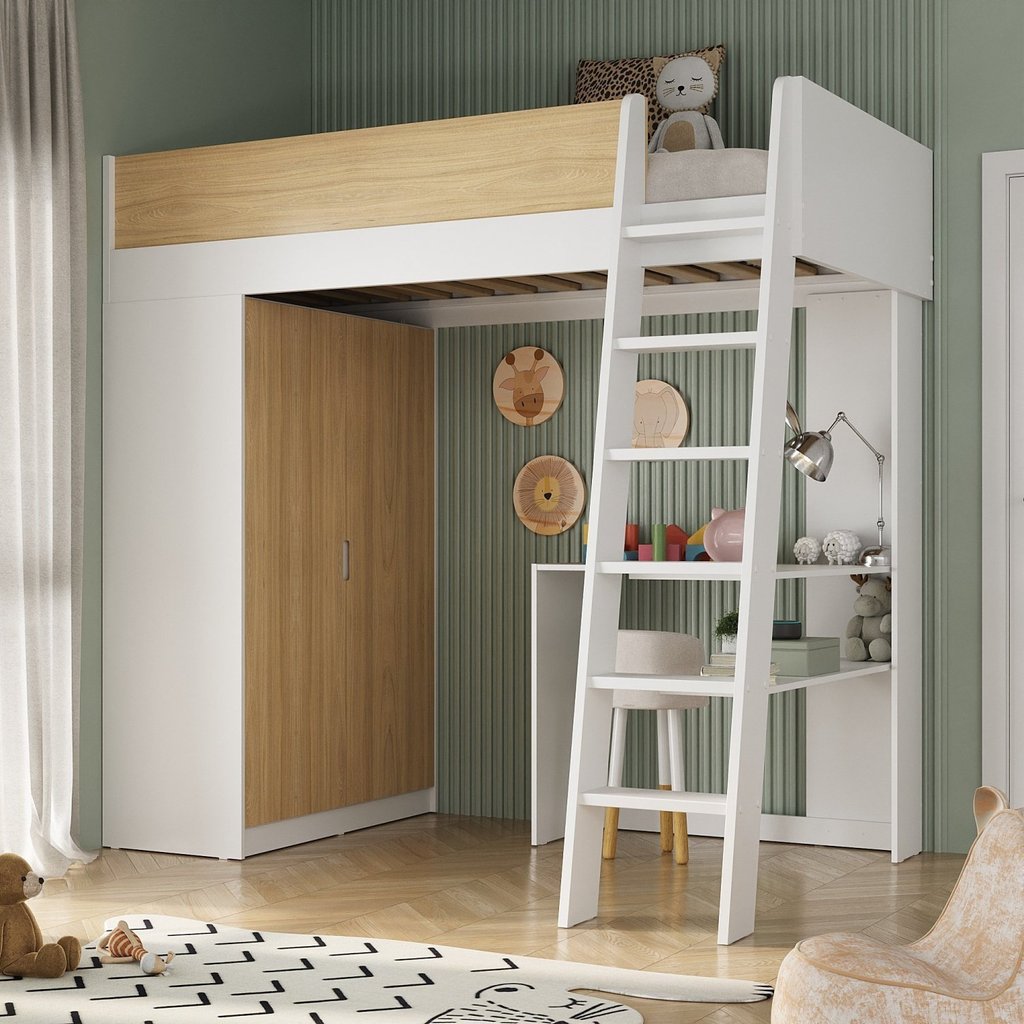 Cama Alta Infantil com Guarda-roupa Mezzo Branco/Olmo Italiano em Oferta na Shopee