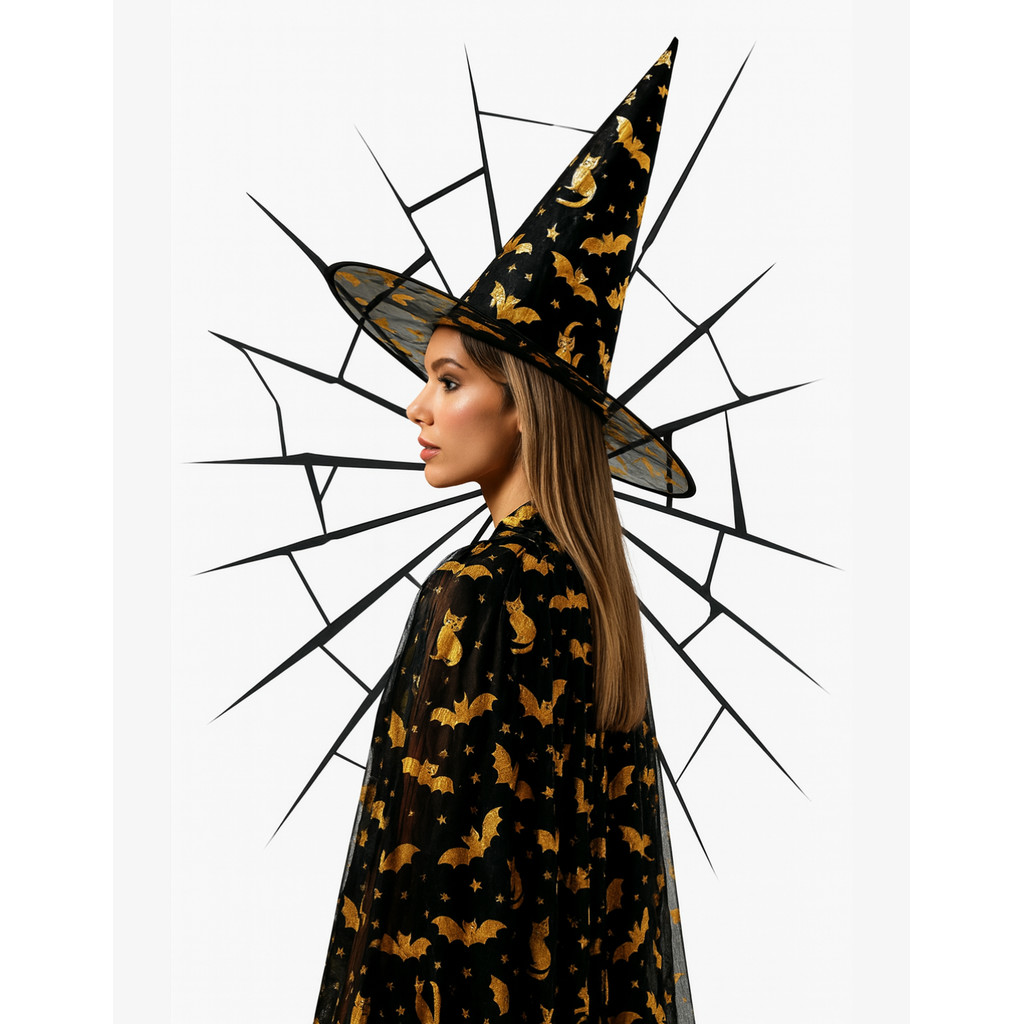 Capa Brilha & Chapéu Bruxa Estampado – Fantasia Halloween 140cm — imagem 2 de 2