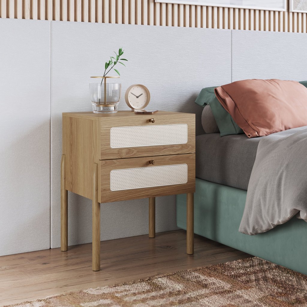 Mesa de Cabeceira 2 Gavetas Palhinha Pé Madeira Oslo  Hanover Telado