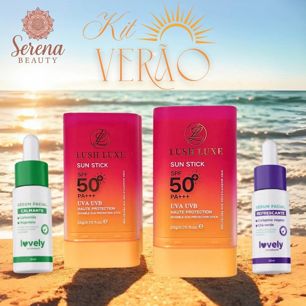 Kit Verão – Protetor Solar Stick FPS 50 Lush Luxe + Sérum Facial Hidratante e Calmante Face Beautiful Skincare