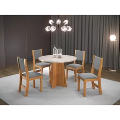 Conjunto Sala de Jantar Mesa Chilli 90cm Tampo Redondo com 4 Cadeiras Sol Bege/Mel/Blonde/Cinza Mel/Blonde/Cinza