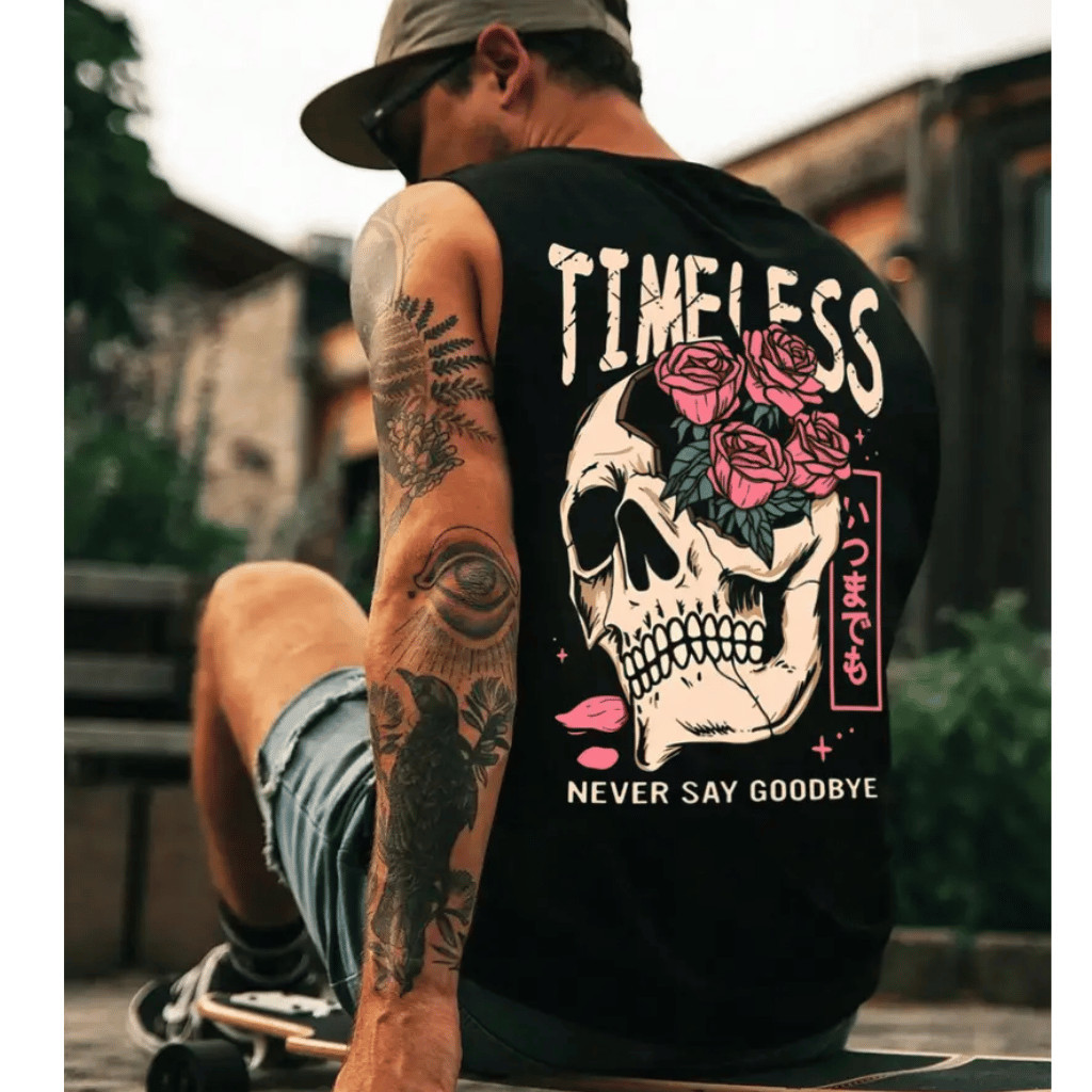 Camiseta Regata Oversized Masculina 100% algodão Caveira Timeless Larga Streetwear Camisa Malha 100% Algodão