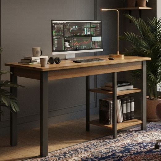 Mesa Estilo Industrial com 2 Prateleiras Ideal para Home Office com Estrutura em Madeira