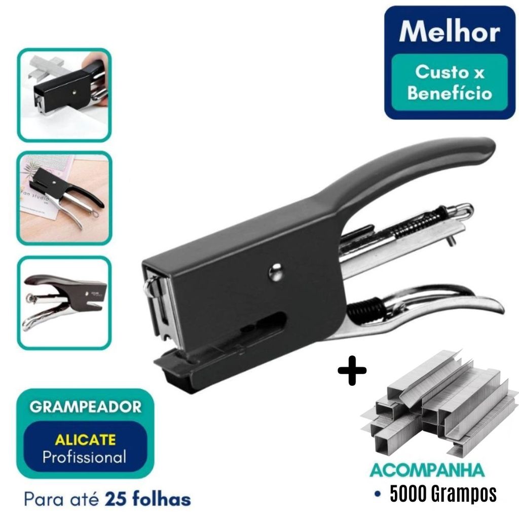 Kit Grampeador Estilo Alicate com 5000 Grampos – Metálico, Compacto e Ergonômico