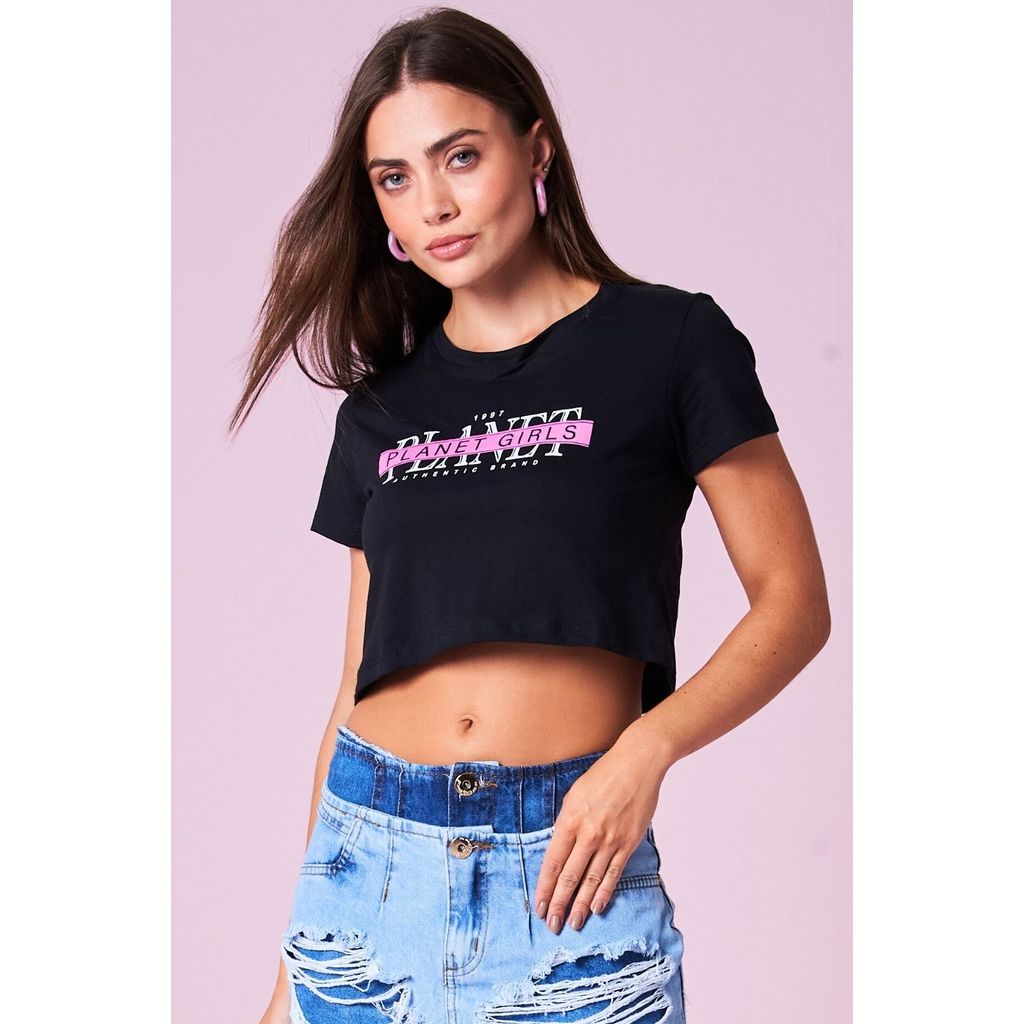 Cropped Feminino Logo Neon Planet Girls Preto em Oferta na Shopee
