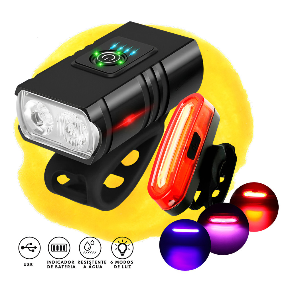 Kit Farol E Lanterna Traseira Bike Led Cree T6 Recarregável Usb 3 Cores Forte Preto