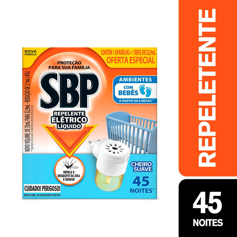 Detalhes do Repelente Elétrico Líquido SBP 45 Noites Cheiro Suave com 1 Aparelho + 1 Refil de 35ml Oferta Especial