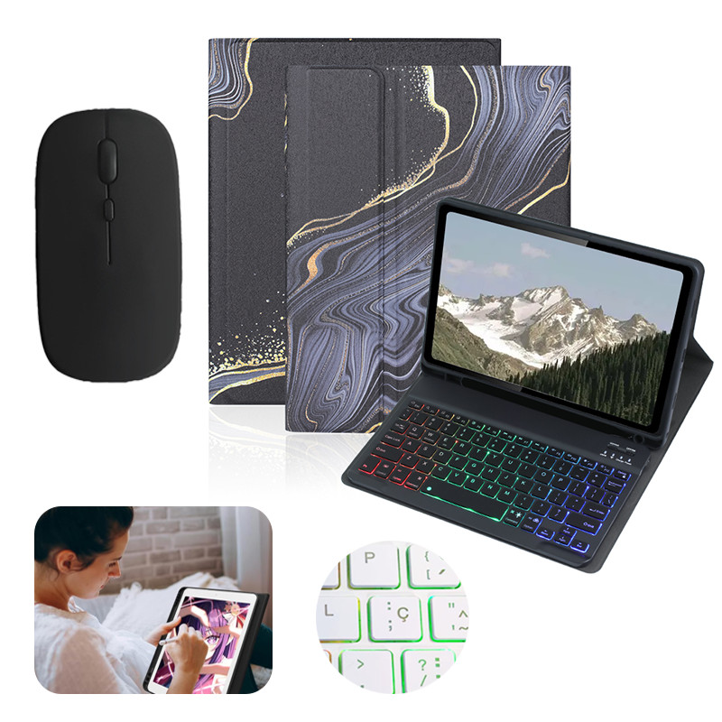 Capa c/ Teclado ABNT2 Iluminado (Ç) + Mouse Bluetooth – Compatível c/ Samsung Tab S10 FE / A9 Plus / S9 FE / S10 Lite
