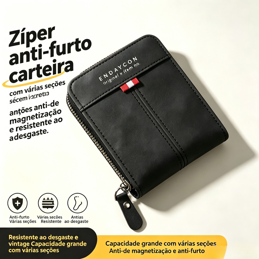 Carteira Masculina Tri-fold em Couro PU com Zíper Completo e Múltiplos Compartim