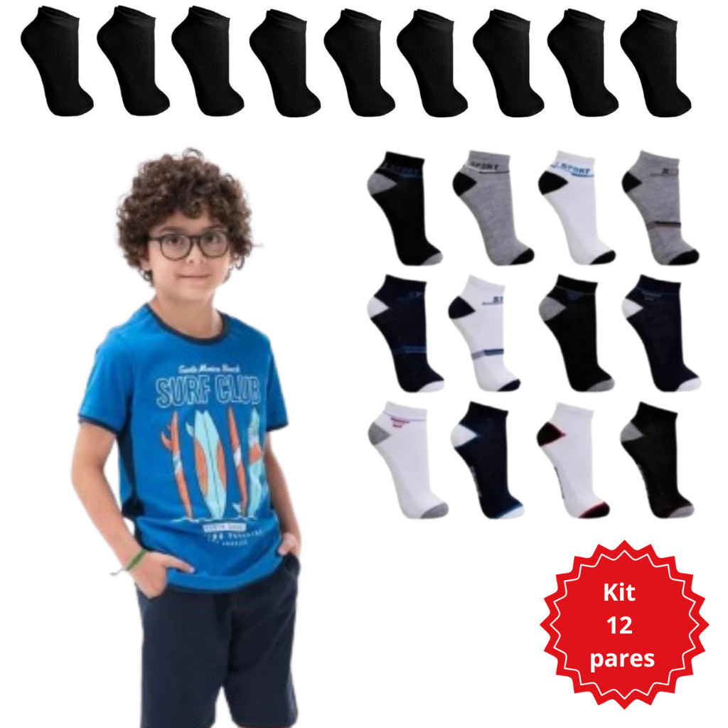 Kit 12 Pares De Meias De Menino Soquete/Juvenil lisa Preta E Estampada Cano Curto  80% Algodão