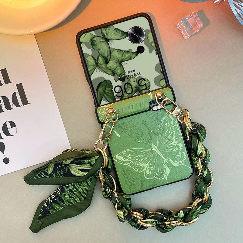 Capa para Motorola Razr 60Ultra/60/50U- Estampa Borboleta Verde, com Pulseira de