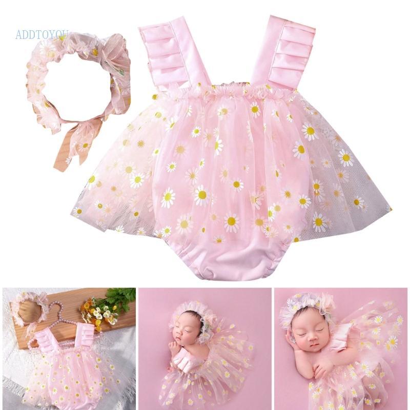 Time Delicate Daisy Mesh Dress E Cocar Roupa Para Recém-Nascidos Photoshoots 0-9 Meses Bebê Meninas Fotografia Vestuário